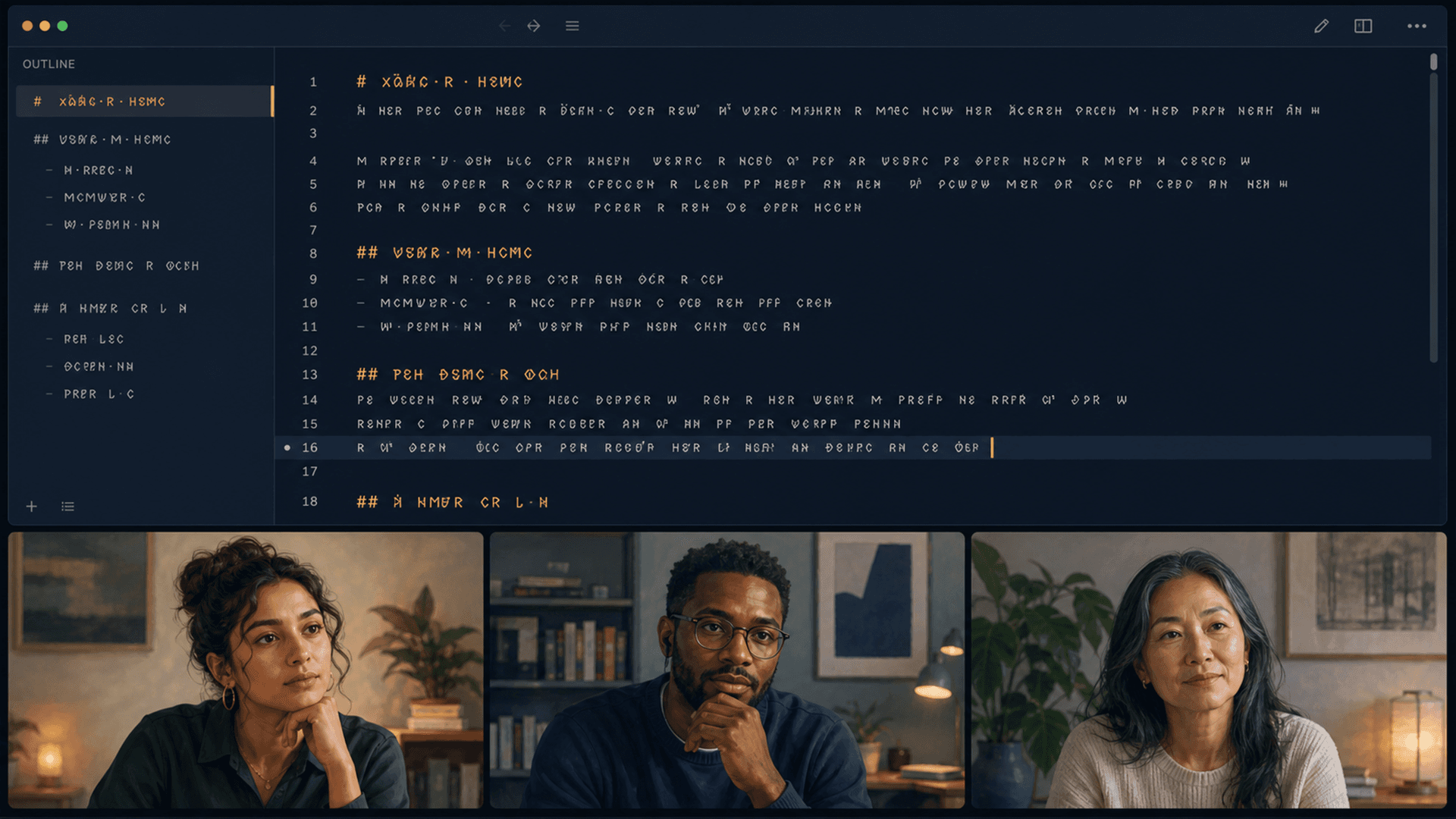 A community video call grid with the instructor highlighted, members visible, and a member's artifact being screen-shared