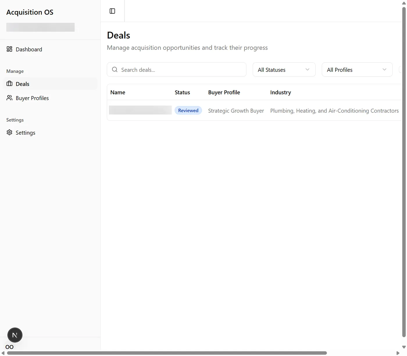 Acquisition OS deal list with deal names and figures blurred