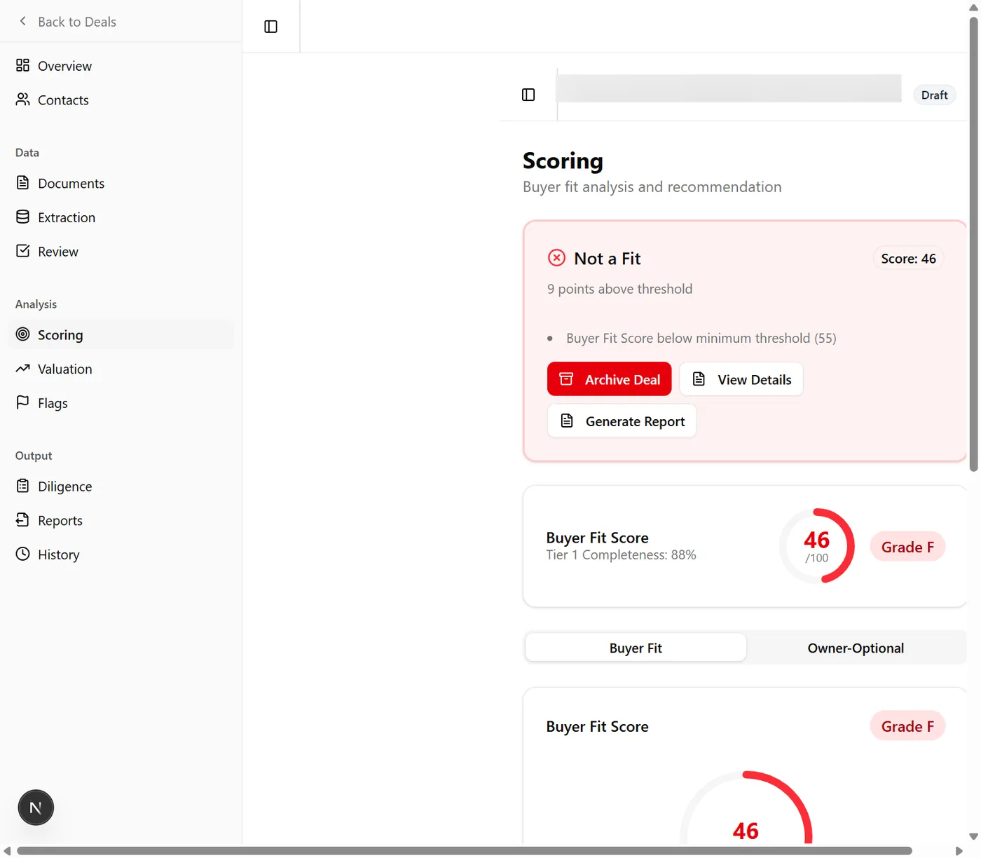 Acquisition OS fit scoring with deal names and figures blurred