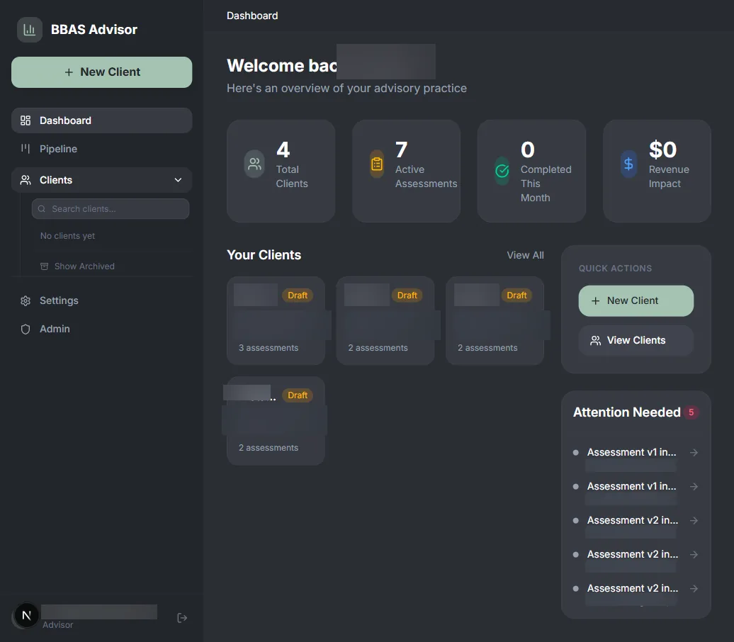 Business Bottleneck Assessor advisor workspace with client names and figures blurred