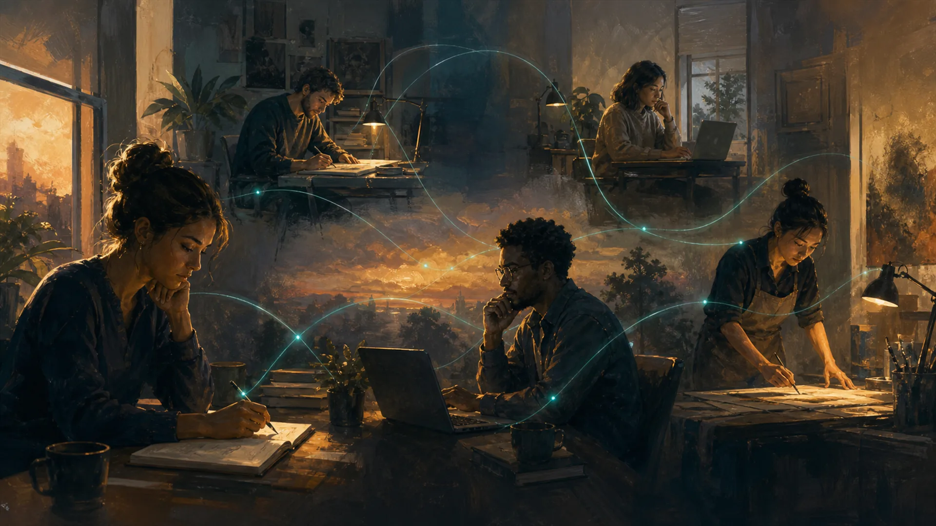 Members at their own workspaces connected through ambient light filaments across the frame: community without a platform UI