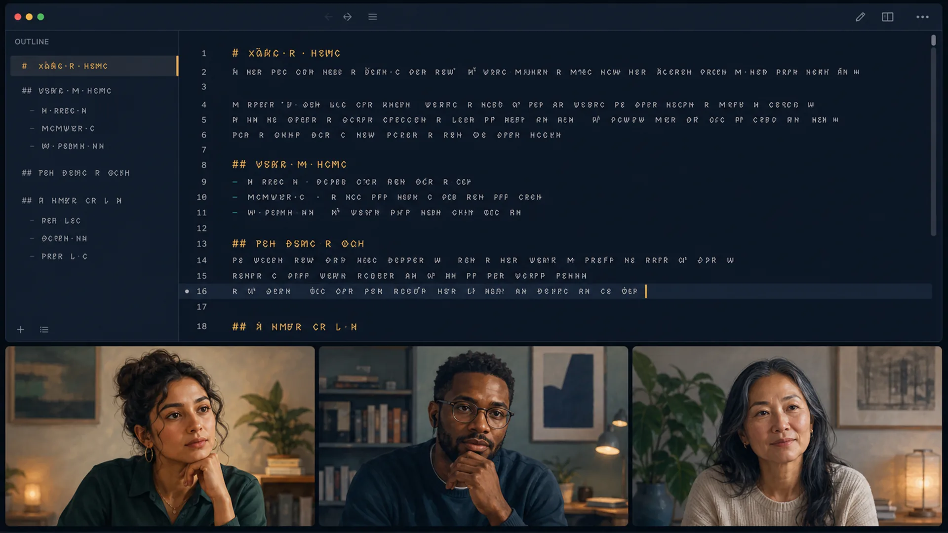 A community video call grid with the instructor highlighted, members visible, and a member's artifact being screen-shared