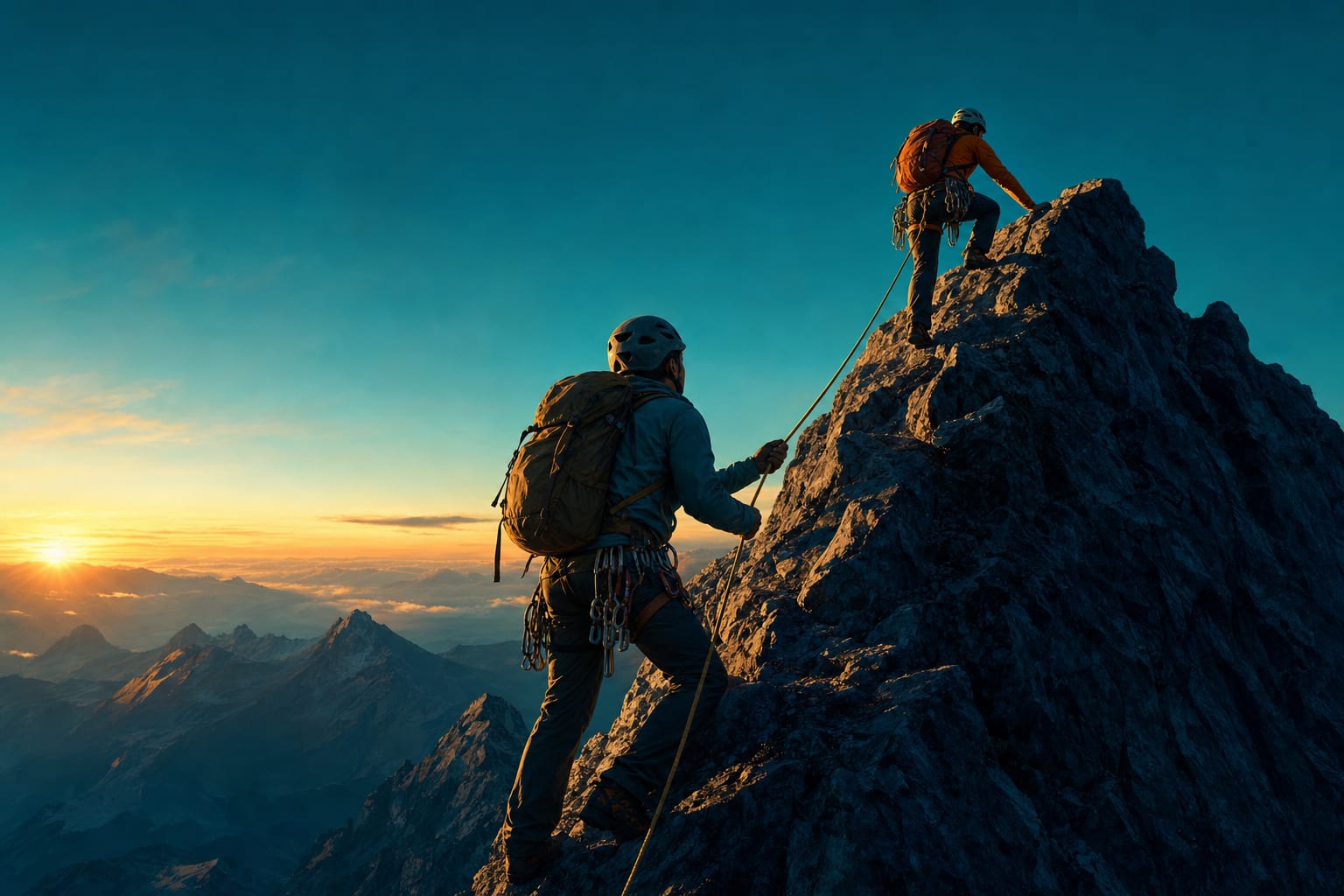 An experienced climber steadying and belaying another climber near a navy summit in warm dawn light, representing an operator advisor who stays until the outcome is reached instead of handing over a plan and leaving