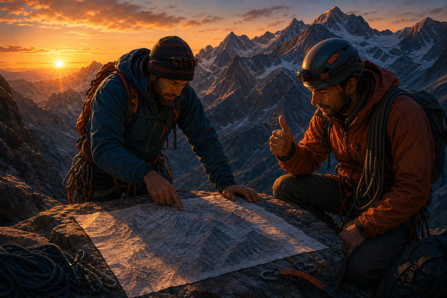 A mountain guide laying out a completed route plan on a rock for a climber to check and approve at dawn, representing an AI agent doing the multi-step work while the human reviews and blesses it