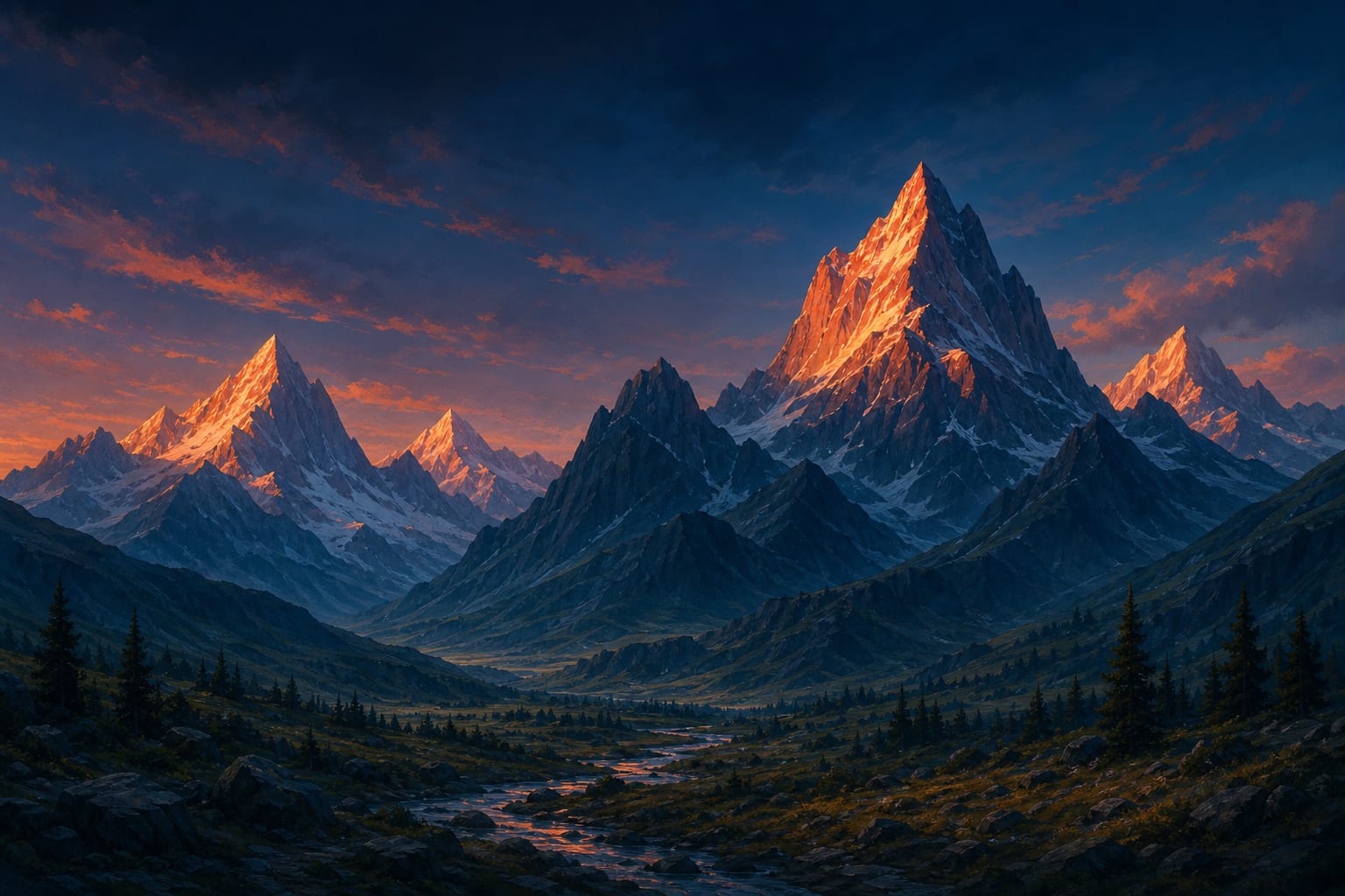 A painterly landscape of distinct mountain peaks of different heights at dusk, some lit warm and others in teal shadow, representing the tiers and families of AI models an operator can choose between