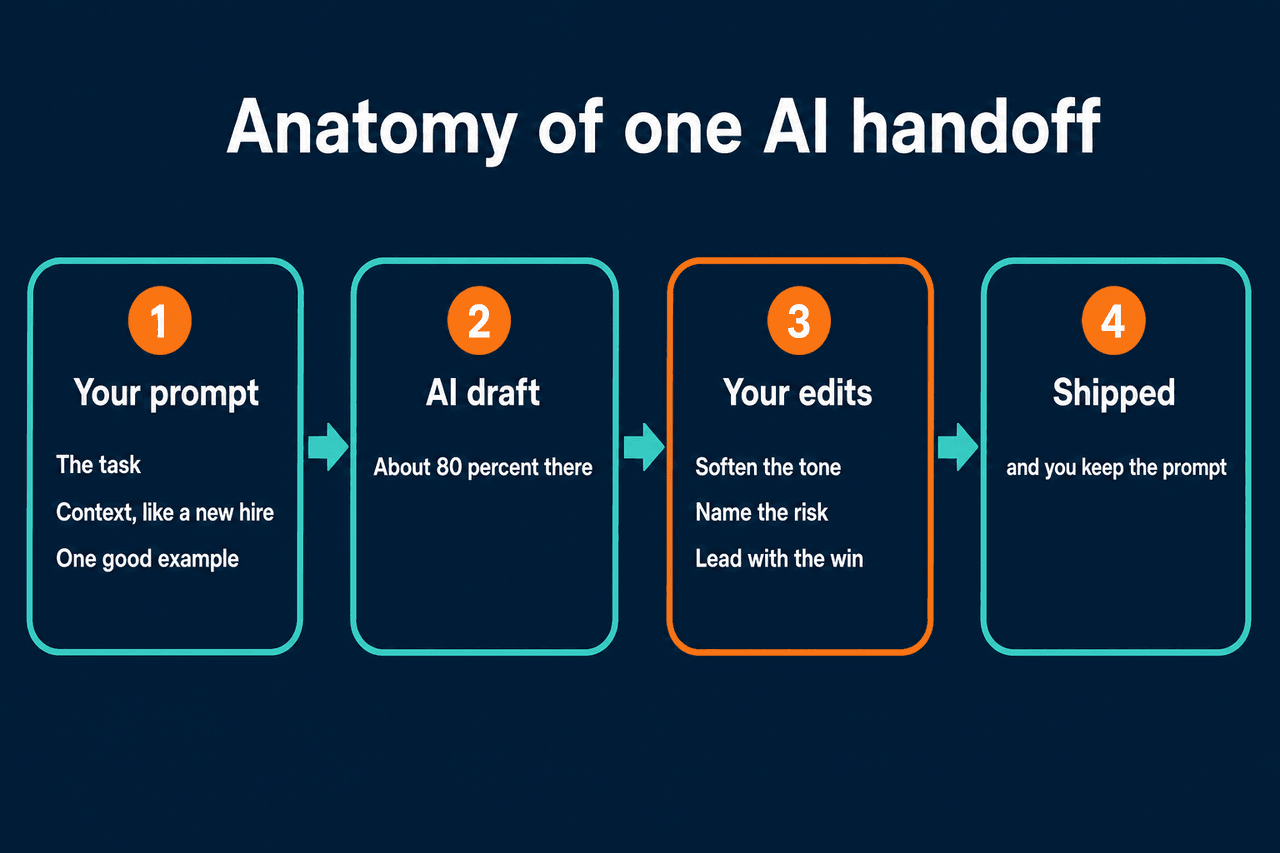 Anatomy of one AI handoff: your prompt (the task, context like a new hire, one good example), the AI draft about 80 percent there, your edits (soften the tone, name the risk, lead with the win), then shipped while you keep the prompt