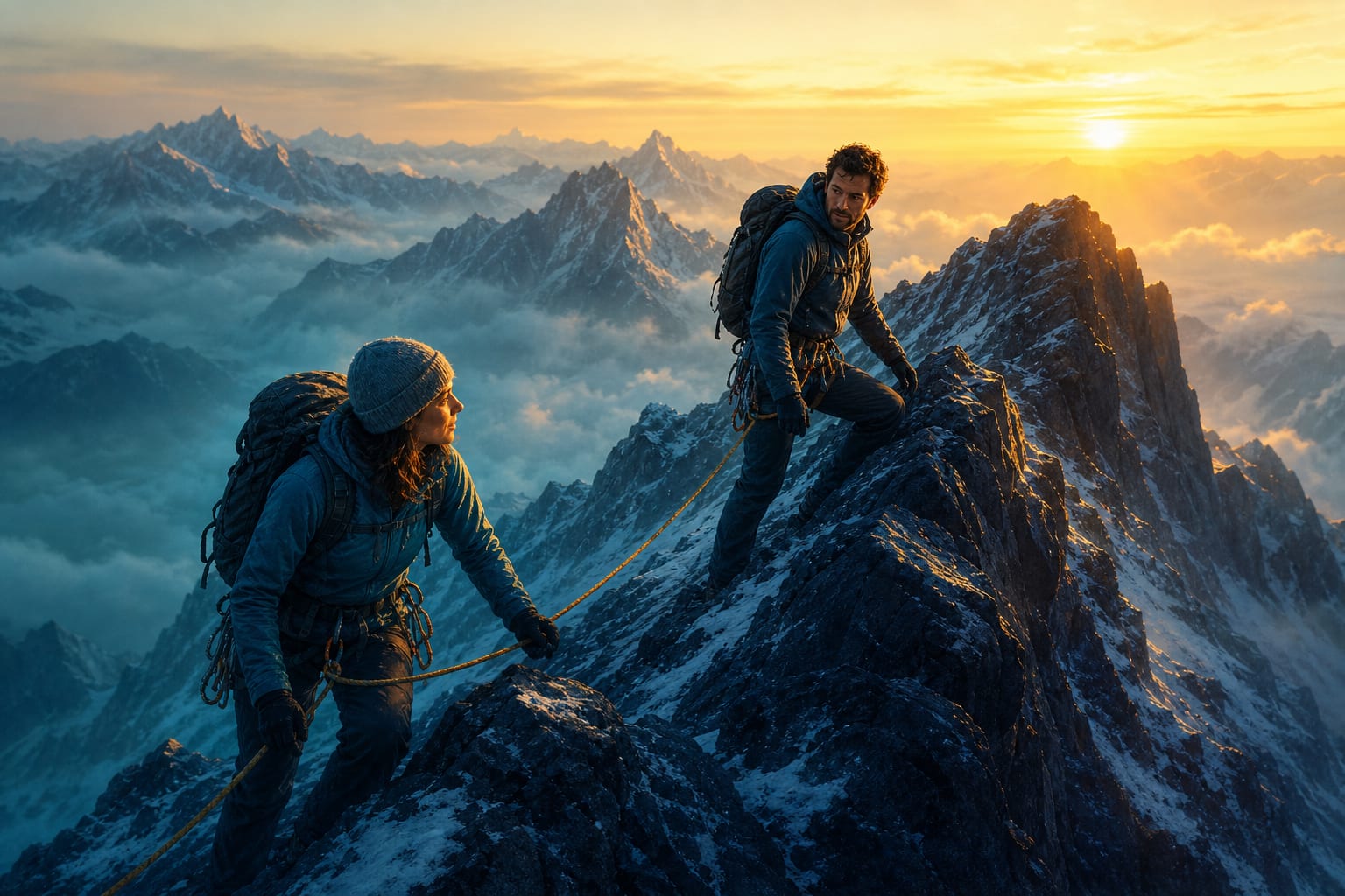 Two climbers roped together ascending a navy mountain ridge at dawn, the experienced one leading and staying alongside the other, representing an advisor who has done the climb and stays until the outcome