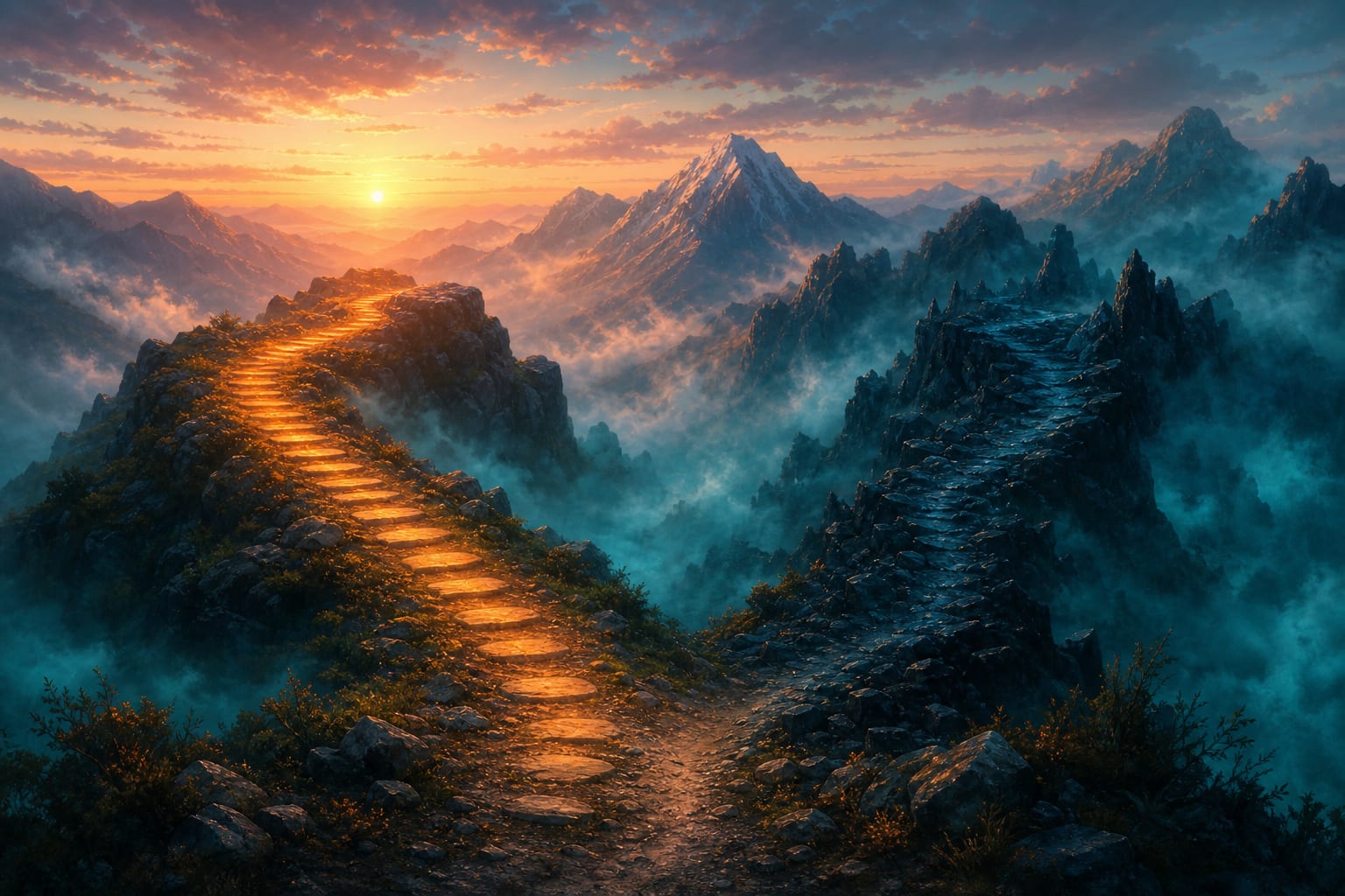 A mountain trail forking into two paths at dawn, one a warm-lit run of even stepping stones to hand off and one a navy path needing a careful human judgment call, representing which tasks to give AI and which to keep human