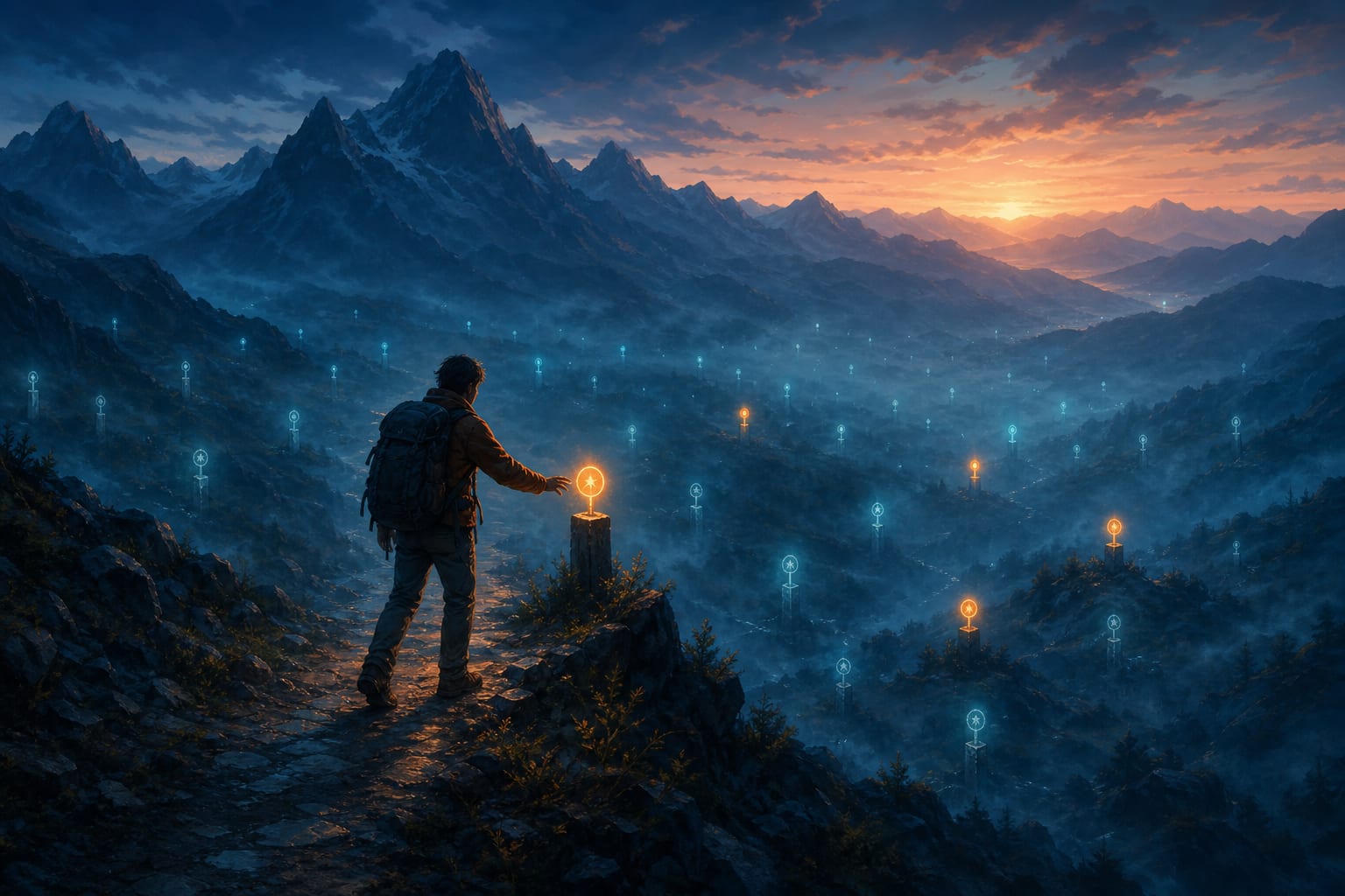 A lone operator on a mountain trail at dawn choosing among many faint waypoint markers, with only a few lit in warm light, representing filtering the few signals worth following out of the noise of AI news.