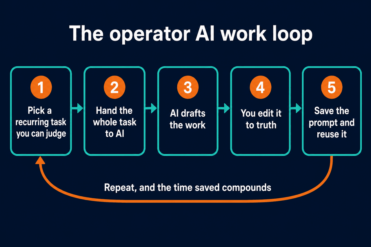 The operator AI work loop: pick a recurring task you can judge, hand the whole task to AI, the AI drafts the work, you edit it to truth, save the prompt, then repeat so the time saved compounds