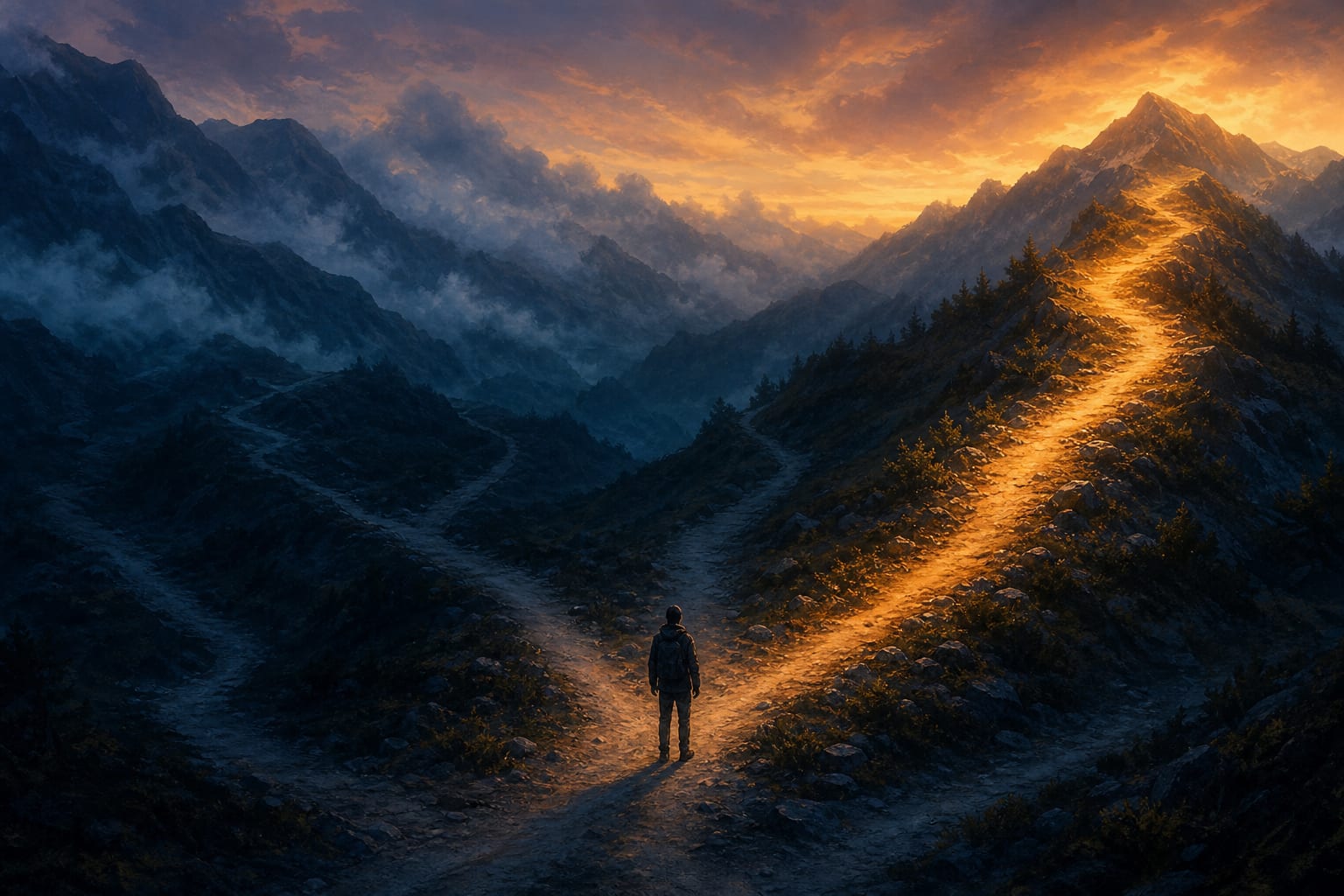 A fork in a mountain trail at dusk where one branch is lit in warm light and the others fade into shadow, representing the single decision that unblocks everything downstream once it is named.