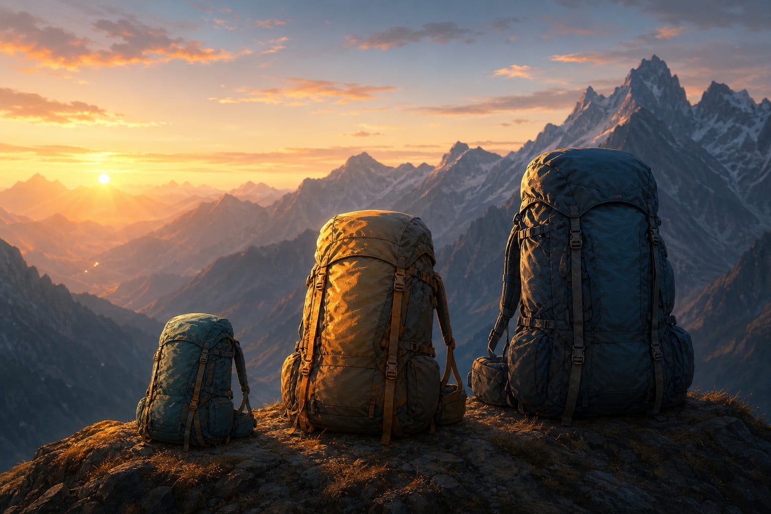 Three mountain packs of increasing size lined up on a ridge at dawn with warm light on the right-sized middle one, representing matching the dose of help to the need instead of over-hiring