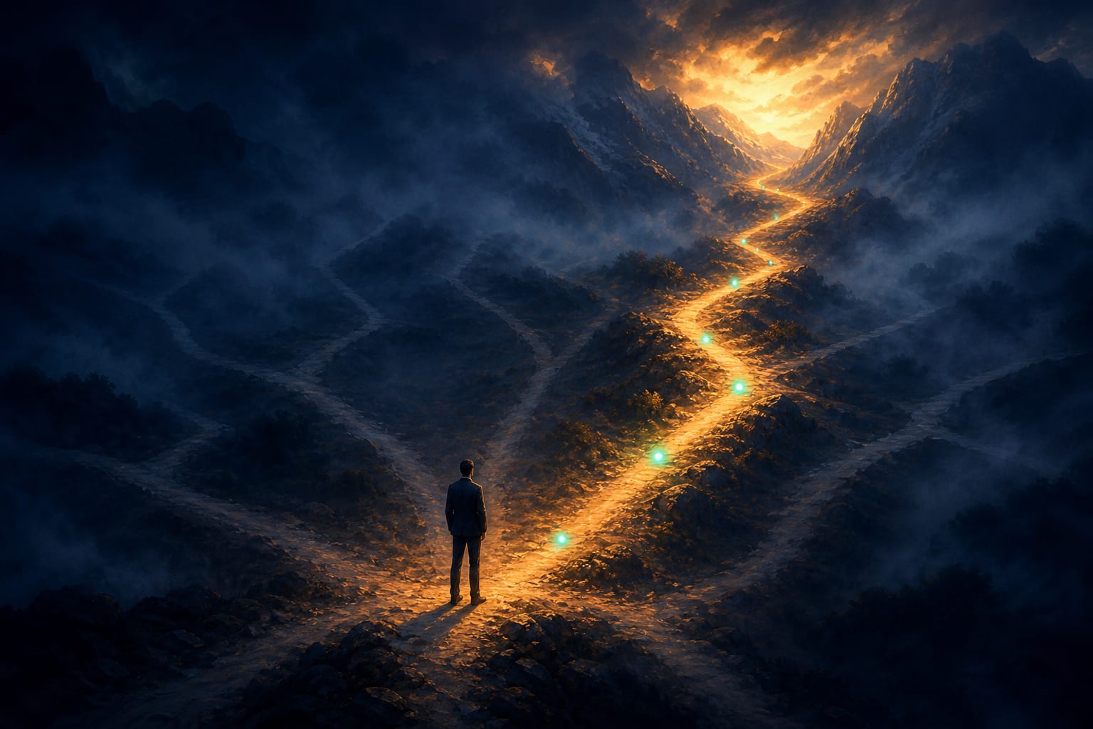 A lone leader at the foot of many faint mountain trails fading into fog, with one path lit in warm light and teal waypoint markers, representing the work of finding the single real constraint among many possible problems.